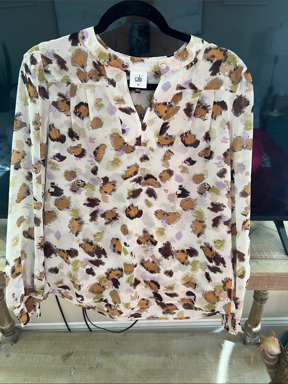 CAbi Women's Split-Neck Blouse in Cream with Brown, Tan & Green & lavender